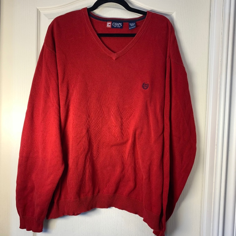 Chaps Red V‑Neck‎ Cotton Sweater XXL – Vintage men’s knit Preppy Vintage